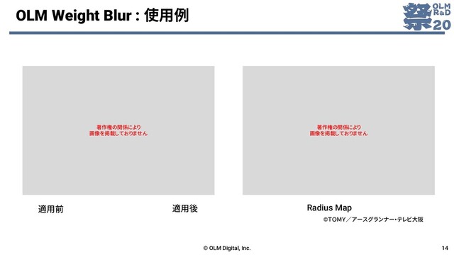 OLM Weight Blur : 使用例
© OLM Digital, Inc. 14
適用前 適用後 Radius Map
©ＴＯＭＹ／アースグランナー・テレビ大阪
著作権の関係により
画像を掲載しておりません
著作権の関係により
画像を掲載しておりません
