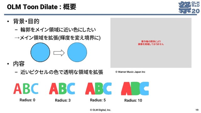 OLM Toon Dilate : 概要
• 背景・目的
– 輪郭をメイン領域に近い色にしたい
→メイン領域を拡張(輝度を変え境界に)
• 内容
– 近いピクセルの色で透明な領域を拡張
© OLM Digital, Inc. 19
Radius: 0 Radius: 3 Radius: 5 Radius: 10
© Warner Music Japan Inc
著作権の関係により
画像を掲載しておりません
