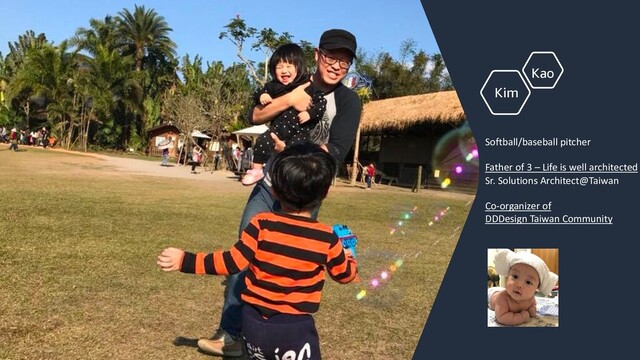 Softball/baseball pitcher
Father of 3 – Life is well architected
Sr. Solutions Architect@Taiwan
Co-organizer of
DDDesign Taiwan Community
Kim
Kao
