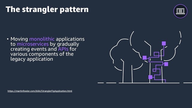 • Moving monolithic applications
to microservices by gradually
creating events and APIs for
various components of the
legacy application
The strangler pattern
https://martinfowler.com/bliki/StranglerFigApplication.html
