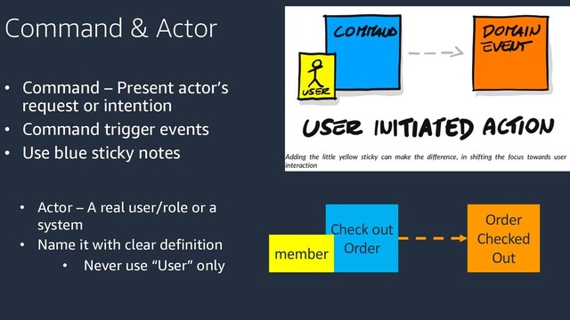 Command & Actor
• Command – Present actor’s
request or intention
• Command trigger events
• Use blue sticky notes
• Actor – A real user/role or a
system
• Name it with clear definition
• Never use “User” only
Order
Checked
Out
Check out
Order
member

