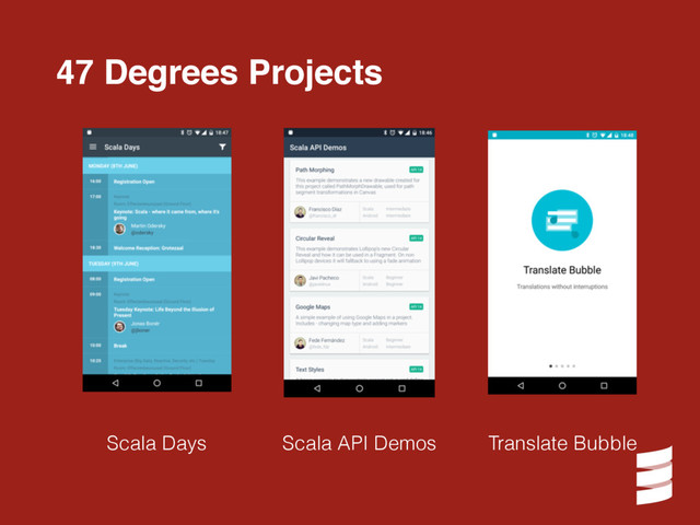 47 Degrees Projects
Scala Days Scala API Demos Translate Bubble
