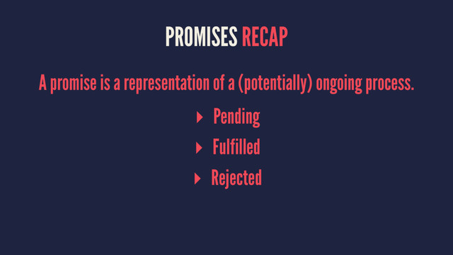 PROMISES RECAP
A promise is a representation of a (potentially) ongoing process.
▸ Pending
▸ Fulfilled
▸ Rejected
