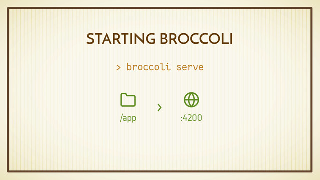 STARTING BROCCOLI
> broccoli serve
:4200

/app

›
