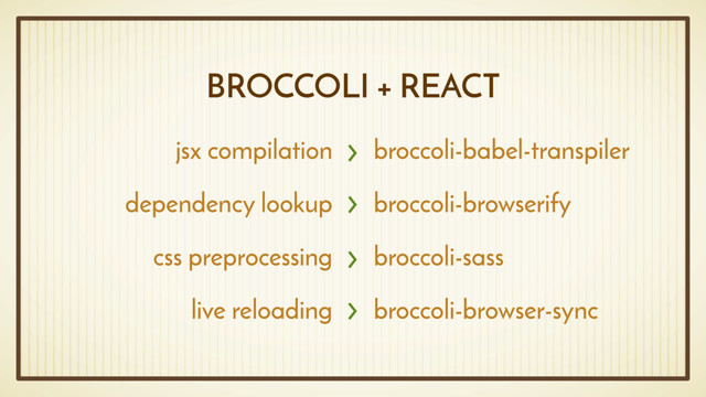 BROCCOLI + REACT
jsx compilation
dependency lookup
css preprocessing
live reloading
broccoli-babel-transpiler
broccoli-browserify
broccoli-sass
broccoli-browser-sync
›
›
›
›
