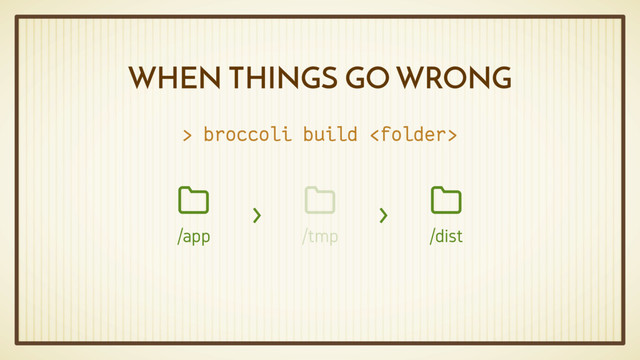 WHEN THINGS GO WRONG
/tmp

/dist

/app

›
›
> broccoli build 
