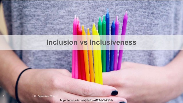 https://unsplash.com/photos/AXqMy8MSSdk
Inclusion vs Inclusiveness
20. September 2018
8
