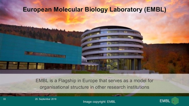 European Molecular Biology Laboratory (EMBL)
Image copyright: EMBL
EMBL is a Flagship in Europe that serves as a model for
organisational structure in other research institutions
20. September 2018
33
