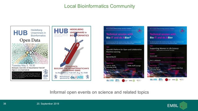 Local Bioinformatics Community
Informal open events on science and related topics
20. September 2018
38
