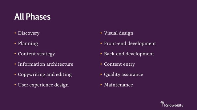 • Discovery
• Planning
• Content strategy
• Information architecture
• Copywriting and editing
• User experience design
• Visual design
• Front-end development
• Back-end development
• Content entry
• Quality assurance
• Maintenance
All Phases
