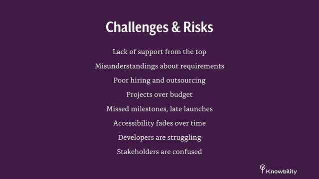 Lack of support from the top
Misunderstandings about requirements
Poor hiring and outsourcing
Projects over budget
Missed milestones, late launches
Accessibility fades over time
Developers are struggling
Stakeholders are confused
Challenges & Risks
