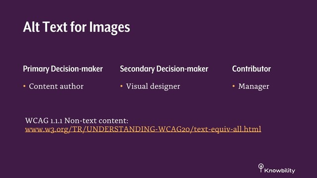 Primary Decision-maker
• Content author
Alt Text for Images
Secondary Decision-maker
• Visual designer
Contributor
• Manager
WCAG 1.1.1 Non-text content:
www.w3.org/TR/UNDERSTANDING-WCAG20/text-equiv-all.html
