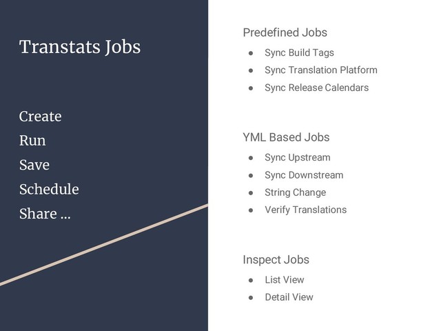 Transtats Jobs
Create
Run
Save
Schedule
Share ...
Predefined Jobs
● Sync Build Tags
● Sync Translation Platform
● Sync Release Calendars
YML Based Jobs
● Sync Upstream
● Sync Downstream
● String Change
● Verify Translations
Inspect Jobs
● List View
● Detail View
