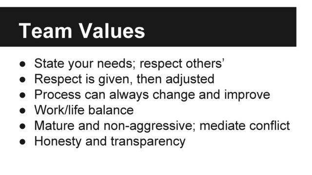 Team Values
● State your needs; respect others’
● Respect is given, then adjusted
● Process can always change and improve
● Work/life balance
● Mature and non-aggressive; mediate conflict
● Honesty and transparency
