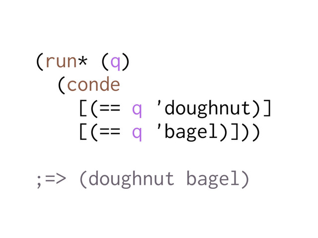 (run* (q)
(conde
[(== q 'doughnut)]
[(== q 'bagel)]))
;=> (doughnut bagel)
