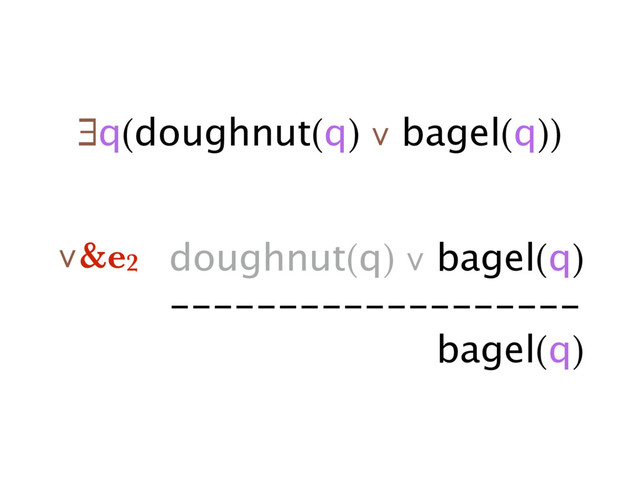 ∃q(doughnut(q) ∨ bagel(q))
doughnut(q) ∨ bagel(q)
-------------------
bagel(q)
∨&e2
