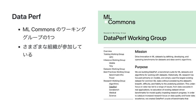 Data Perf
ML Commons のワーキング
グループの1つ
さまざまな組織が参加して
いる
