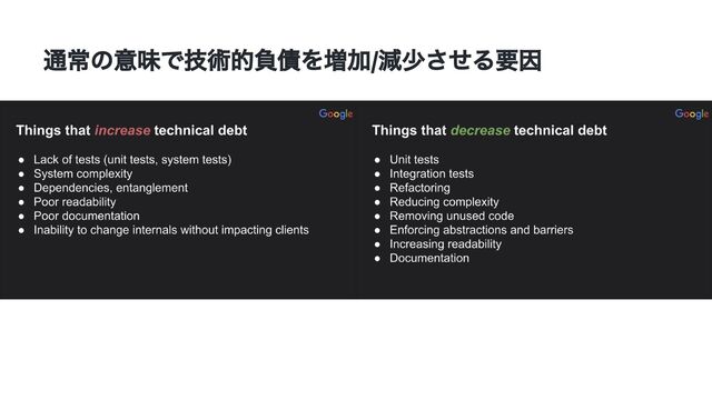 通常の意味で技術的負債を増加/減少させる要因
