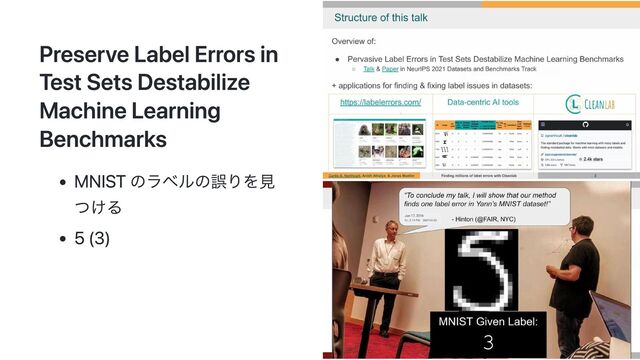 Preserve Label Errors in
Test Sets Destabilize
Machine Learning
Benchmarks
MNIST のラベルの誤りを見
つける
5 (3)
