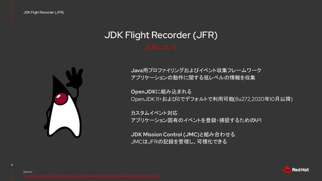 JDK Flight Recorder (JFR)
Java用プロファイリングおよびイベント収集フレームワーク
アプリケーションの動作に関する低レベルの情報を収集
OpenJDKに組み込まれる
OpenJDK 11+および8でデフォルトで利用可能(8u272,2020年10月以降)
カスタムイベント対応
アプリケーション固有のイベントを登録・捕捉するための
API
JDK Mission Control (JMC)と組み合わせる
JMCはJFRの記録を管理し、可視化できる
4
Source:
https://docs.oracle.com/en/java/java-components/jdk-mission-control/8/user-guide/using-jdk-flight-recorder.html
JDK Flight Recorder (JFR)
JFRについて
