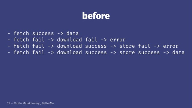 before
- fetch success -> data
- fetch fail -> download fail -> error
- fetch fail -> download success -> store fail -> error
- fetch fail -> download success -> store success -> data
29 — Vitalii Malakhovskyi, BetterMe
