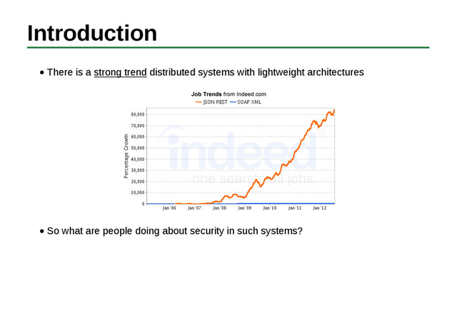 Introduction
There is a strong trend distributed systems with lightweight architectures
So what are people doing about security in such systems?
