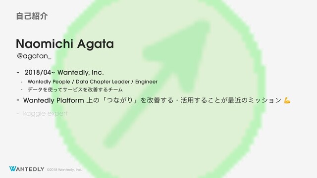©2018 Wantedly, Inc.
Naomichi Agata
- 2018/04~ Wantedly, Inc.
- Wantedly People / Data Chapter Leader / Engineer
- σʔλΛ࢖ͬͯαʔϏεΛվળ͢ΔνʔϜ
- Wantedly Platform ্ͷʮͭͳ͕ΓʯΛվળ͢Δɾ׆༻͢Δ͜ͱ͕࠷ۙͷϛογϣϯ
- kaggle expert
@agatan_
ࣗݾ঺հ

