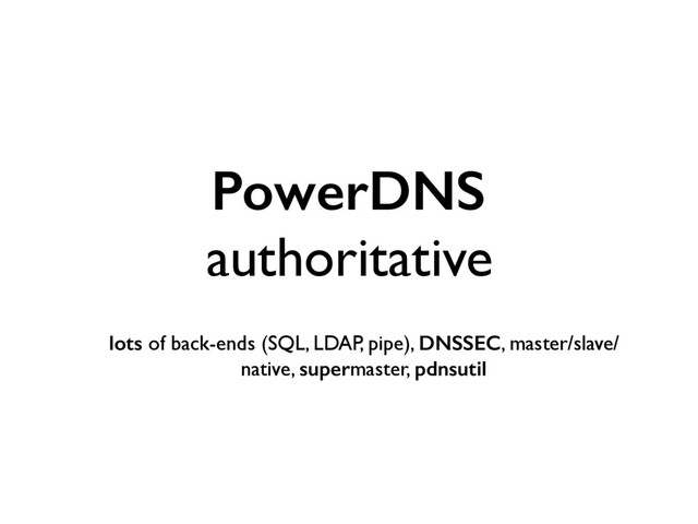 PowerDNS
authoritative 
lots of back-ends (SQL, LDAP, pipe), DNSSEC, master/slave/
native, supermaster, pdnsutil
