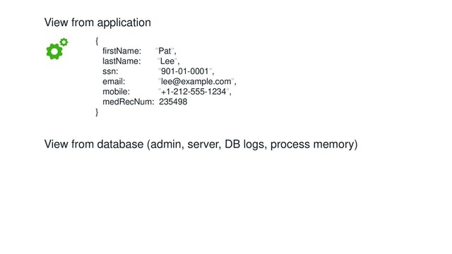 View from application
View from database (admin, server, DB logs, process memory)
{
firstName: "Pat",
lastName: "Lee",
ssn: "901-01-0001",
email: "lee@example.com",
mobile: "+1-212-555-1234",
medRecNum: 235498
}
