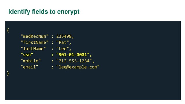 Identify fields to encrypt
{
"medRecNum" : 235498,
"firstName" : "Pat",
"lastName" : "Lee",
"ssn" : "901-01-0001",
"mobile" : "212-555-1234",
"email" : "lee@example.com"
}
