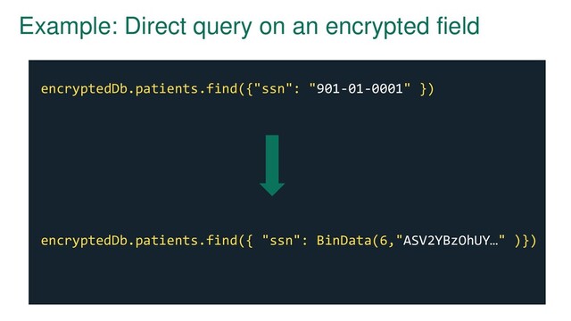 Example: Direct query on an encrypted field
encryptedDb.patients.find({"ssn": "901-01-0001" })
encryptedDb.patients.find({ "ssn": BinData(6,"ASV2YBzOhUY…" )})

