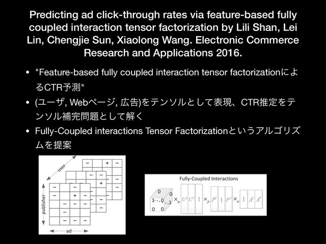 Predicting ad click-through rates via feature-based fully
coupled interaction tensor factorization by Lili Shan, Lei
Lin, Chengjie Sun, Xiaolong Wang. Electronic Commerce
Research and Applications 2016.
• "Feature-based fully coupled interaction tensor factorizationʹΑ
ΔCTR༧ଌ"

• (Ϣʔβ, Webϖʔδ, ޿ࠂ)Λςϯιϧͱͯ͠දݱɺCTRਪఆΛς
ϯιϧิ׬໰୊ͱͯ͠ղ͘

• Fully-Coupled interactions Tensor Factorizationͱ͍͏ΞϧΰϦζ
ϜΛఏҊ
