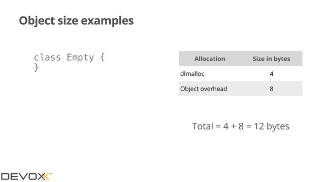 Object size examples
class Empty {
}
Allocation Size in bytes
dlmalloc 4
Object overhead 8
Total = 4 + 8 = 12 bytes
