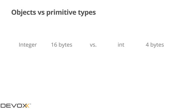 Objects vs primitive types
Integer 16 bytes int 4 bytes
vs.
