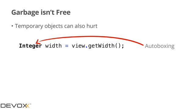 Garbage isn’t Free
• Temporary objects can also hurt
Integer width = view.getWidth(); Autoboxing
