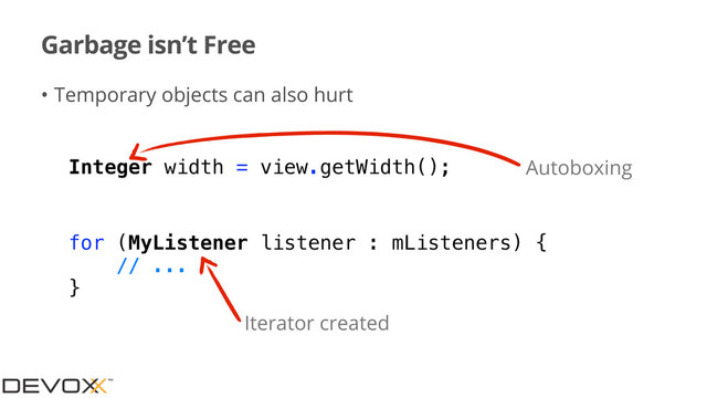 Garbage isn’t Free
• Temporary objects can also hurt
Integer width = view.getWidth(); Autoboxing
for (MyListener listener : mListeners) {
// ...
}
Iterator created
