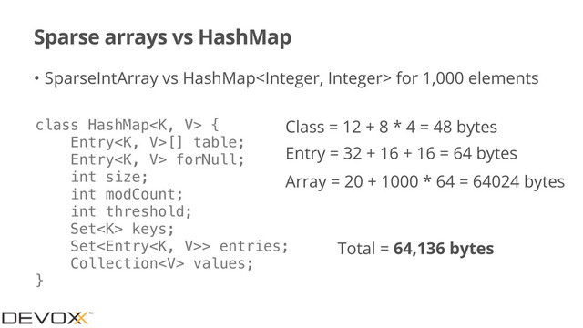 Sparse arrays vs HashMap
• SparseIntArray vs HashMap for 1,000 elements
class HashMap {
Entry[] table;
Entry forNull;
int size;
int modCount;
int threshold;
Set keys;
Set> entries;
Collection values;
}
Class = 12 + 8 * 4 = 48 bytes
Array = 20 + 1000 * 64 = 64024 bytes
Total = 64,136 bytes
Entry = 32 + 16 + 16 = 64 bytes
