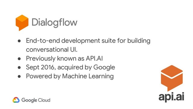 25
● End-to-end development suite for building
conversational UI.
● Previously known as API.AI
● Sept 2016, acquired by Google
● Powered by Machine Learning
Dialogflow
