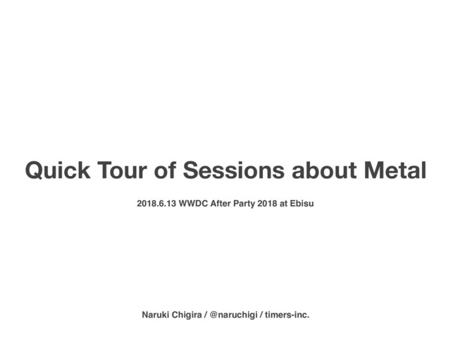Quick Tour of Sessions about Metal
2018.6.13 WWDC After Party 2018 at Ebisu
Naruki Chigira / @naruchigi / timers-inc.

