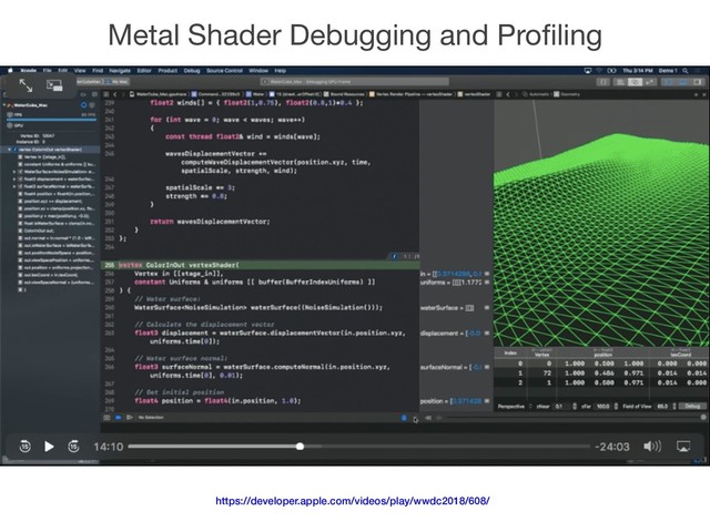 Metal Shader Debugging and Proﬁling
https://developer.apple.com/videos/play/wwdc2018/608/
