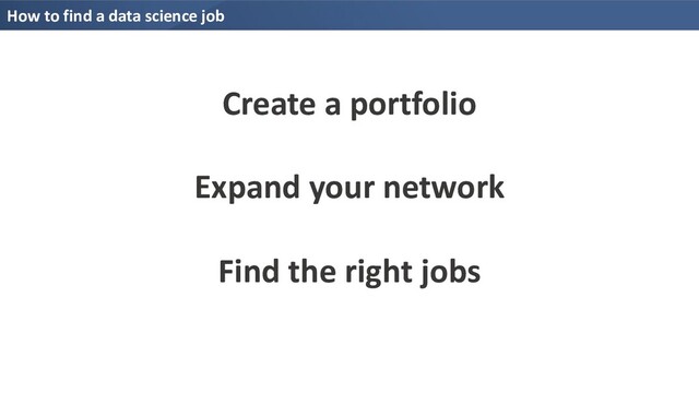 How to find a data science job
Create a portfolio
Expand your network
Find the right jobs
