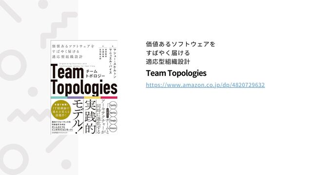 価値あるソフトウェアを
すばやく届ける
適応型組織設計
Team Topologies
https://www.amazon.co.jp/dp/4820729632

