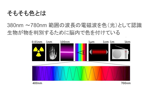 そもそも色とは
380nm ～780nm 範囲の波長の電磁波を色（光）として認識
生物が物を判別するために脳内で色を付けている
