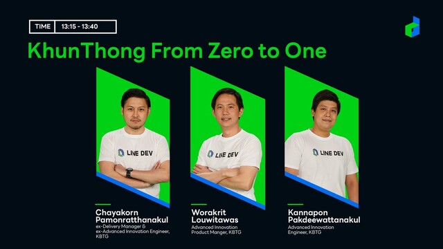 KhunThong From Zero to One
ex-Delivery Manager &
ex-Advanced Innovation Engineer,
KBTG
Chayakorn
Pamonratthanakul
Worakrit
Louwitawas
Advanced Innovation
Product Manger, KBTG
Kannapon
Pakdeewattanakul
Advanced Innovation
Engineer, KBTG
