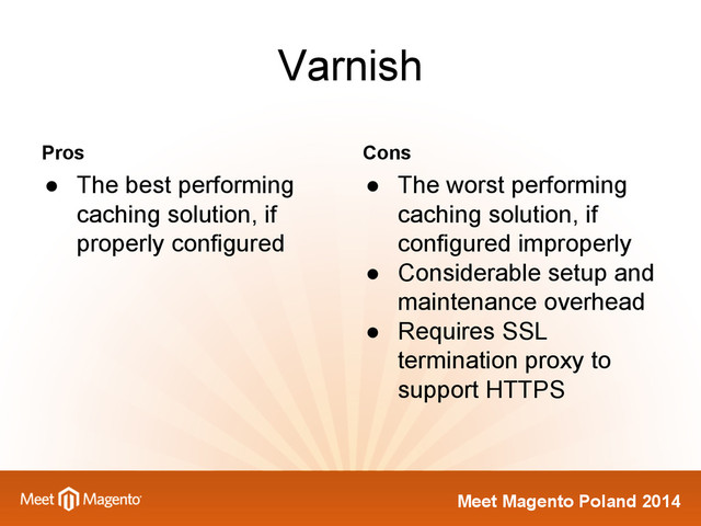Meet Magento Poland 2014
Varnish
Pros
● The best performing
caching solution, if
properly configured
Cons
● The worst performing
caching solution, if
configured improperly
● Considerable setup and
maintenance overhead
● Requires SSL
termination proxy to
support HTTPS
