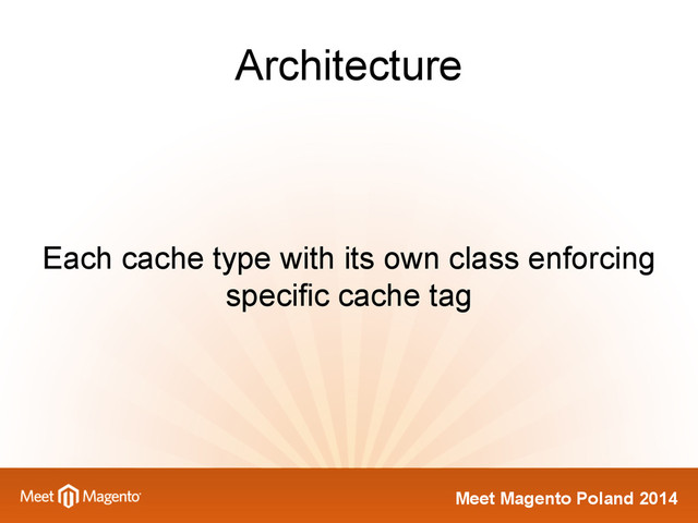 Meet Magento Poland 2014
Architecture
Each cache type with its own class enforcing
specific cache tag
