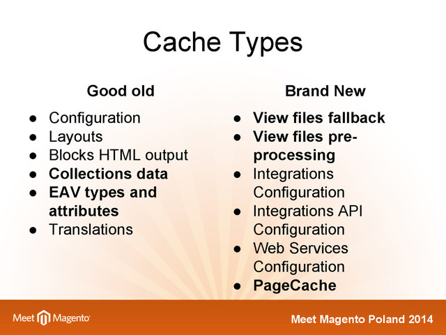 Meet Magento Poland 2014
Cache Types
Good old
● Configuration
● Layouts
● Blocks HTML output
● Collections data
● EAV types and
attributes
● Translations
Brand New
● View files fallback
● View files pre-
processing
● Integrations
Configuration
● Integrations API
Configuration
● Web Services
Configuration
● PageCache
