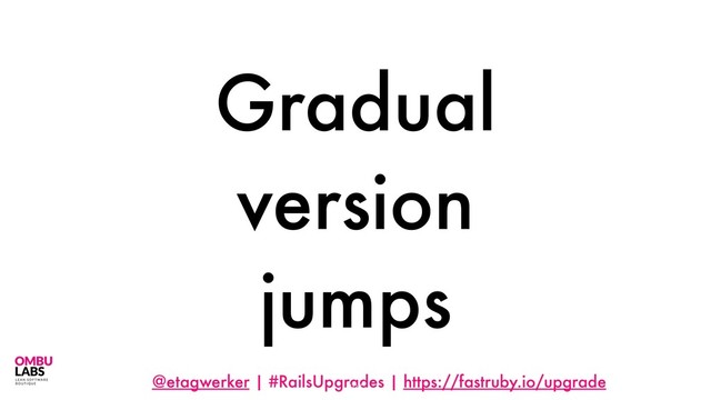 @etagwerker | #RailsUpgrades | https://fastruby.io/upgrade
Gradual
version
jumps
107
