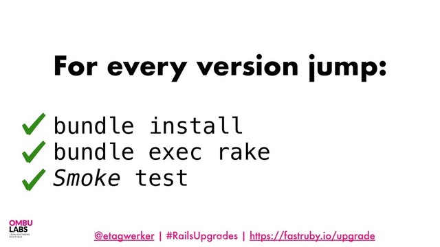 @etagwerker | #RailsUpgrades | https://fastruby.io/upgrade
For every version jump:
bundle install
bundle exec rake
Smoke test
109
