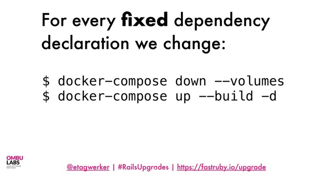 @etagwerker | #RailsUpgrades | https://fastruby.io/upgrade
For every ﬁxed dependency
declaration we change:
53
$ docker-compose down --volumes
$ docker-compose up --build -d
